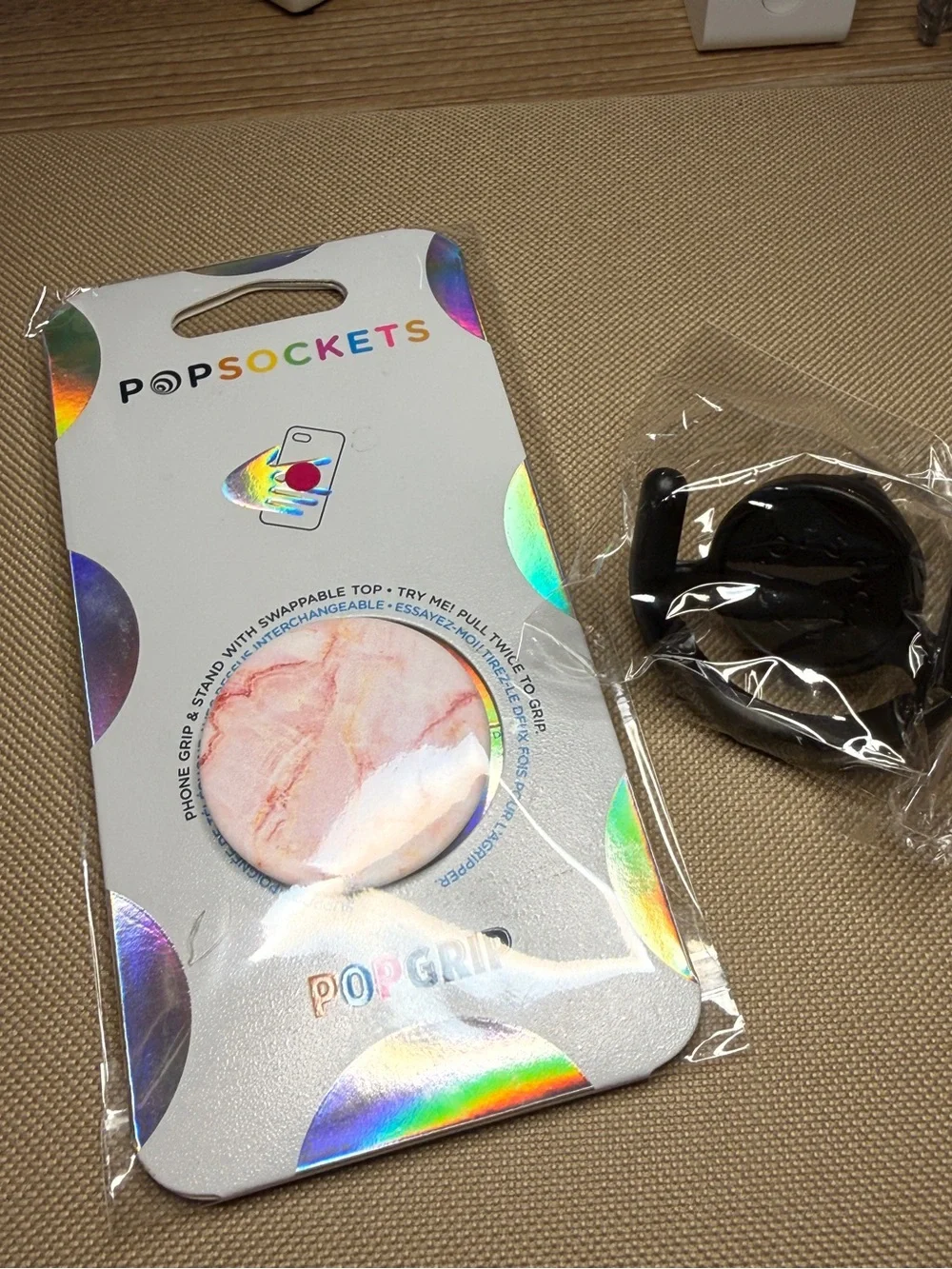 2Pc Bundle PopSockets PopGrip Phone Grip Pink & Gold Marble Top Car Vent Holder